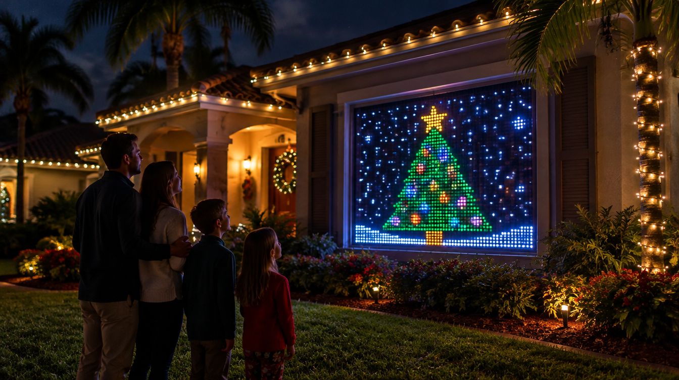 LED curtain showing a pixel Christmas tree in a window