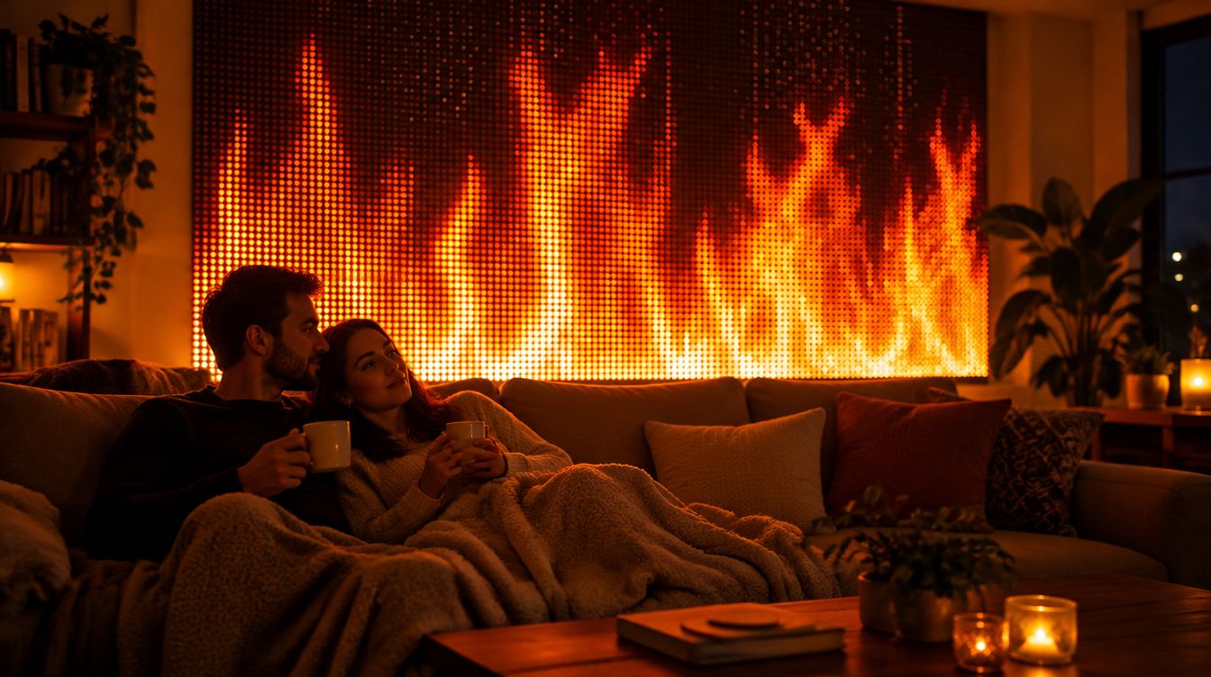 LED curtain showing tall flickering flames behind a couple on a couch
