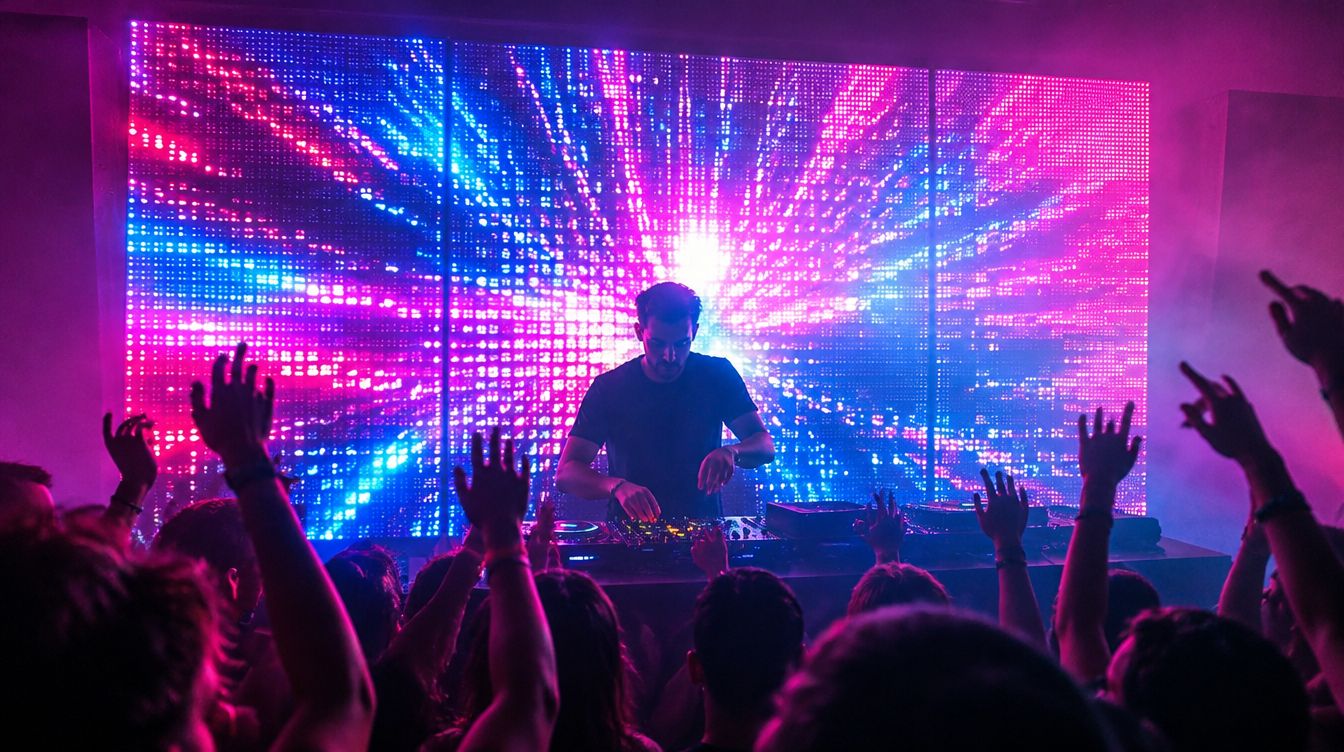 A DJ with a wall of LED curtains bursting with light on the drop