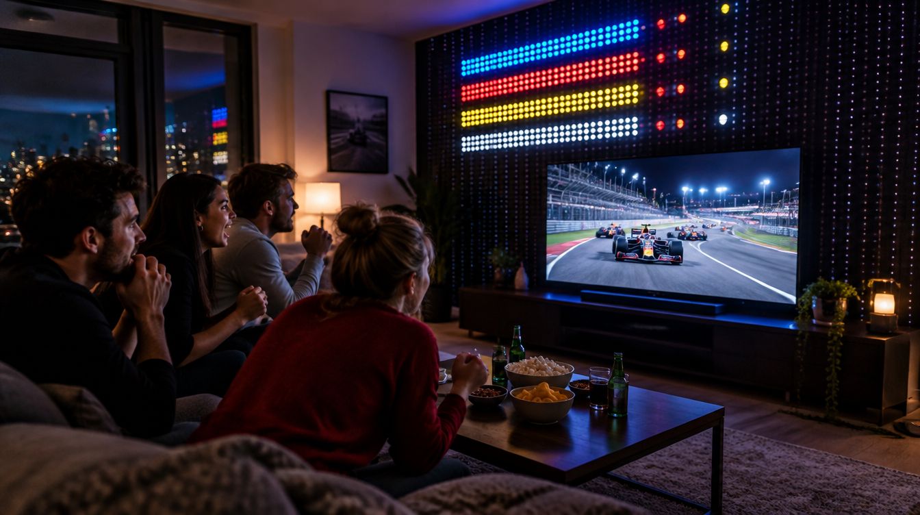LED curtain wall showing a race running order at an F1 watch party