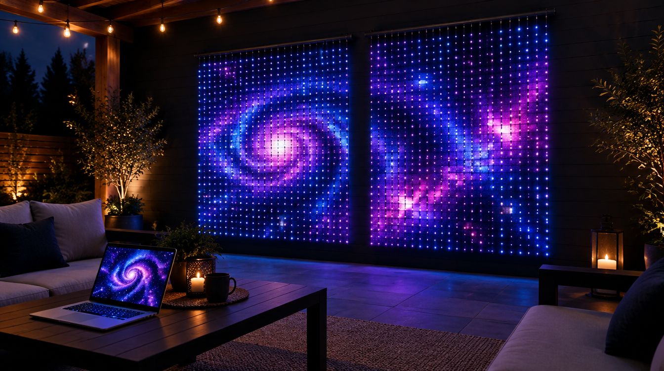 Two LED curtains showing a deep-space galaxy on a patio
