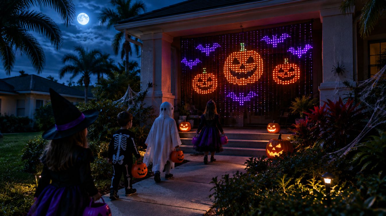 LED curtain showing pixel jack-o-lanterns on a Halloween porch