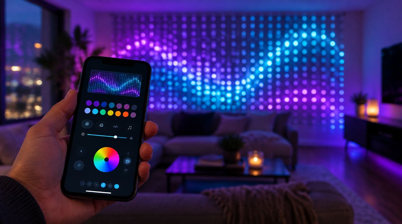 Phone remote in hand with LED curtains glowing behind
